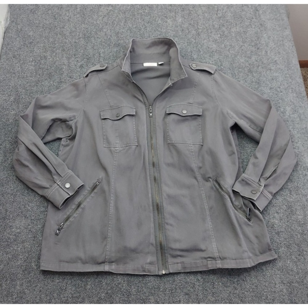 Belle Kim Gravel Jacket Women 2X Gray Full Zip Utility Pocket Epilettes military